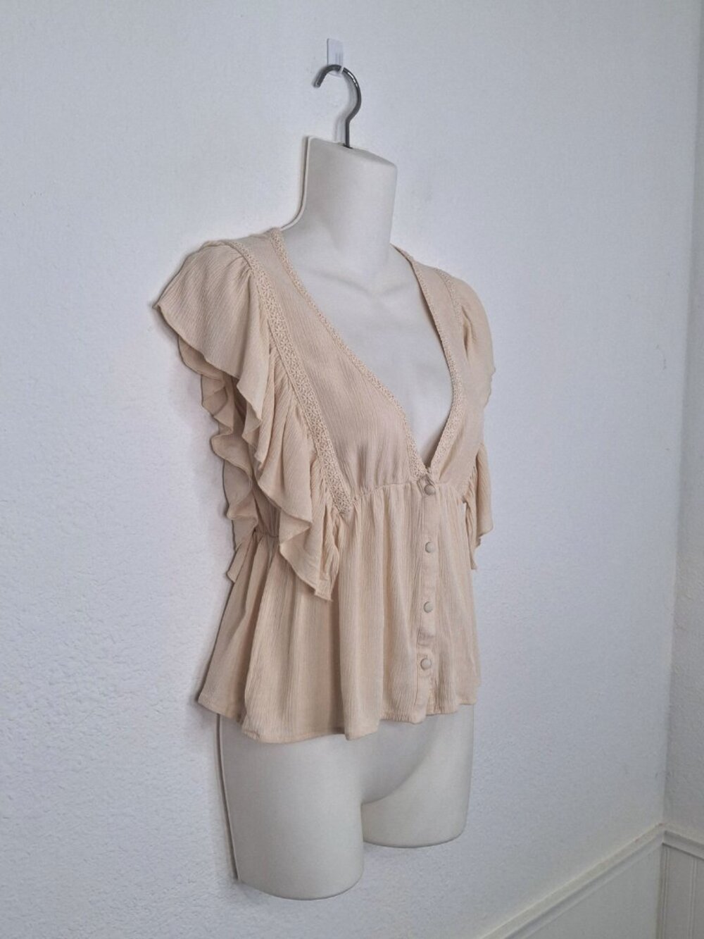 Peasant Babydoll Top Sz S Ruffle Boho Cottagecore Coquette Neutral Festival - Picture 4 of 13